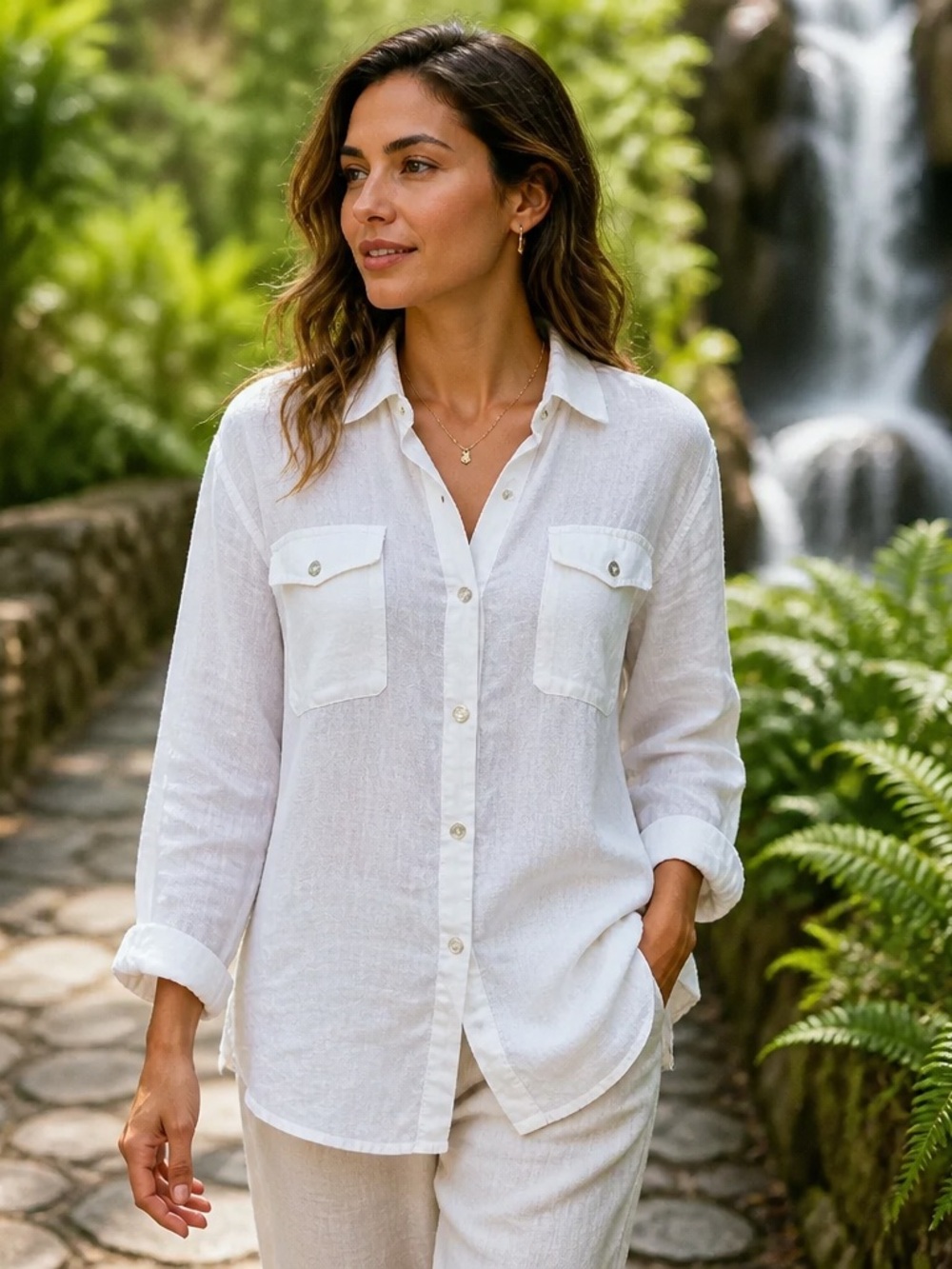 Lino by Chico’s White Linen Button-Up Collared Long Sleeve Shirt Size 1 (Med)